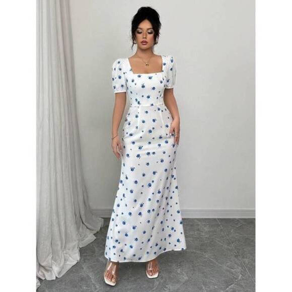 New Women Sweetheart Collar Short Sleeve All-Over Print Casual Long Dress - Picture 5 of 6
